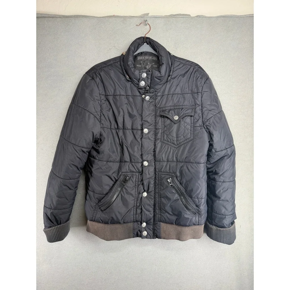 True Religion Y2K Mens Black Quilted Puffer Bomber Jacket Size Large w tear flaw